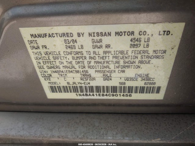 Aukcja sprzedaży 2004 Nissan Maxima 3.5 Sl, vin: 1N4BA41E84C901456, numer aukcji: 45489826