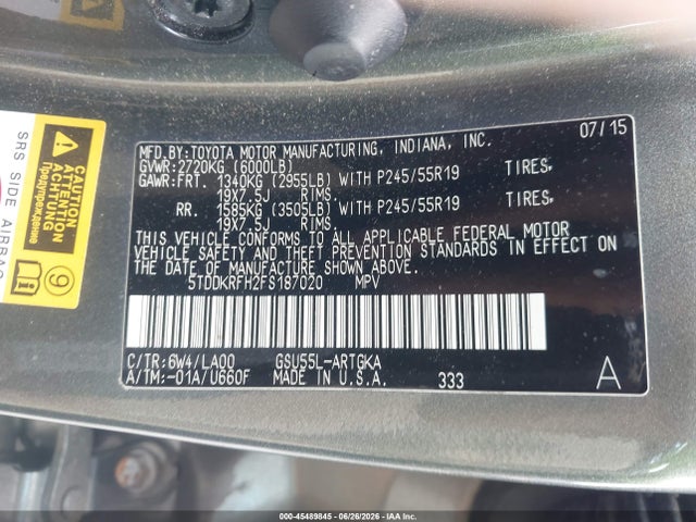 45489845 :رقم المزاد ، 5TDDKRFH2FS187020 vin ، 2015 Toyota Highlander Limited Platinum V6 مزاد بيع