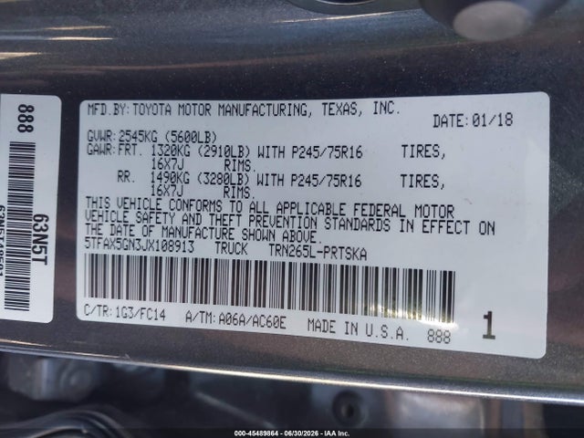 5TFAX5GN3JX108913 Toyota Tacoma Sr5