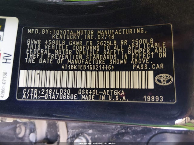 4T1BK1EB1GU214464 Toyota AVALON XLE