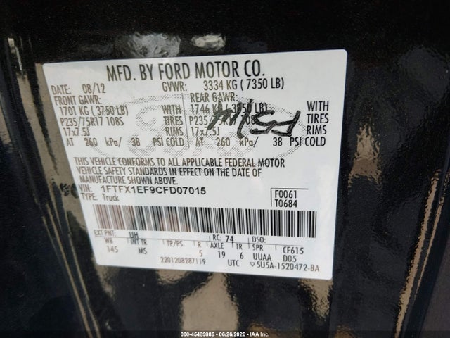 2012 Ford F-150 Xlt მანქანა იყიდება აუქციონზე, vin: 1FTFX1EF9CFD07015, აუქციონის ნომერი: 45489886