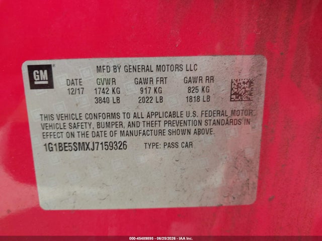 2018 Chevrolet Cruze Lt Auto მანქანა იყიდება აუქციონზე, vin: 1G1BE5SMXJ7159326, აუქციონის ნომერი: 45489895
