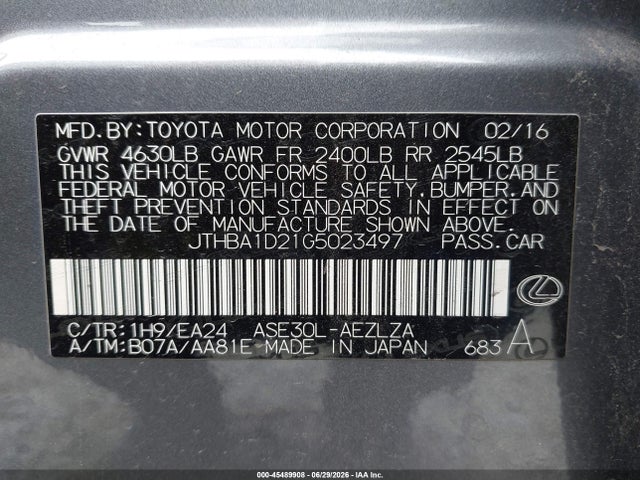 Продажа на аукционе авто 2016 Lexus Is 200t, vin: JTHBA1D21G5023497, номер лота: 45489908