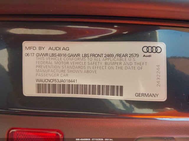 45489909 :رقم المزاد ، WAUCNCF53JA018441 vin ، 2018 Audi A5 2.0t Premium مزاد بيع