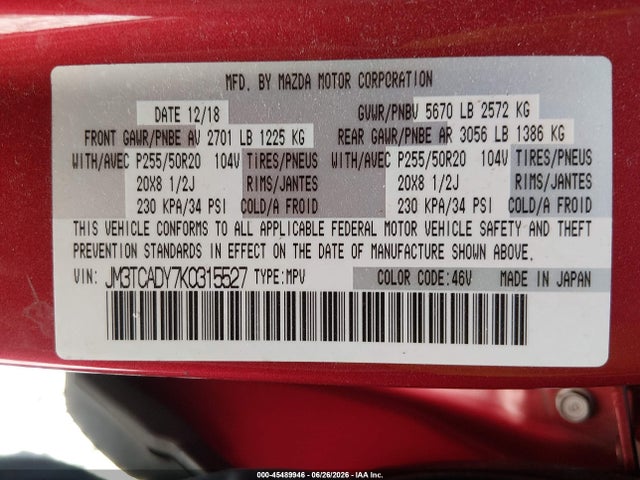 Auction sale of the 2019 Mazda Cx-9 Grand Touring, vin: JM3TCADY7K0315527, lot number: 45489946
