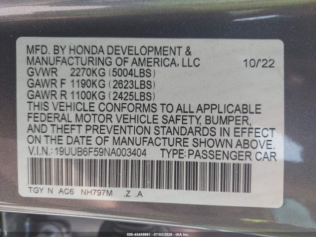 Продаж на аукціоні авто 2022 Acura Tlx A-spec Package, vin: 19UUB6F59NA003404, номер лоту: 45489961