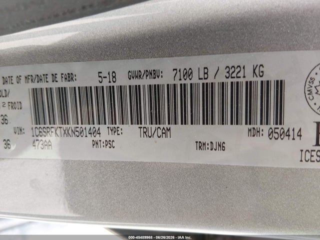45489968 :رقم المزاد ، 1C6SRFKTXKN501404 vin ، 2019 Ram 1500 Laramie Longhorn مزاد بيع