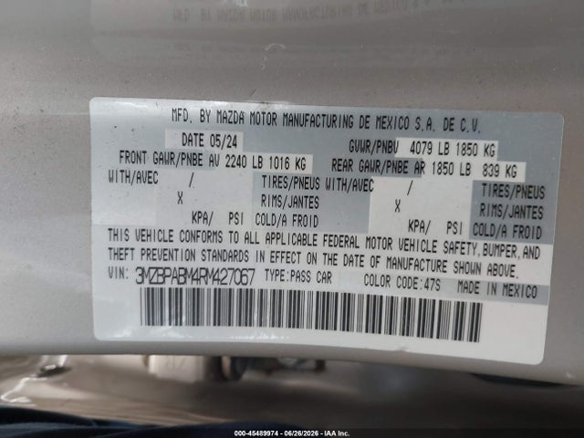 2024 Mazda Mazda3 2.5 S Select Sport მანქანა იყიდება აუქციონზე, vin: 3MZBPABM4RM427067, აუქციონის ნომერი: 45489974