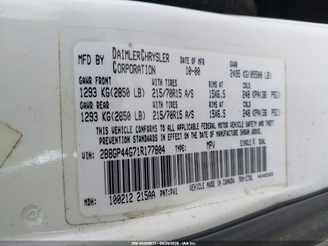 Aukcja sprzedaży 2001 Dodge Grand Caravan Sport, vin: 2B8GP44G71R177804, numer aukcji: 45489977