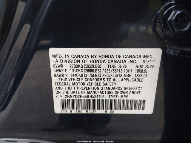 45489981 :رقم المزاد ، 2HNYD2H66BH524404 vin ، 2011 Acura Mdx Technology Package مزاد بيع