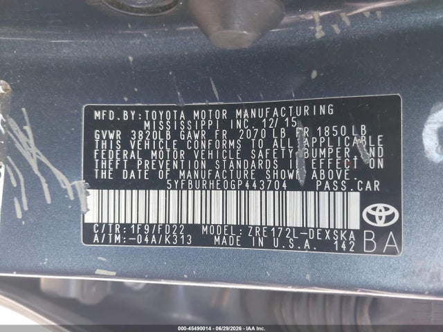 5YFBURHE0GP443704 Toyota Corolla S Plus
