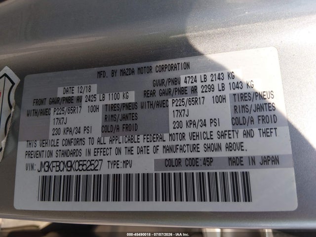 45490018 :رقم المزاد ، JM3KFBCM9K0552527 vin ، 2019 Mazda Cx-5 Touring مزاد بيع