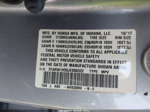 Продажа на аукционе авто 2018 Honda Cr-v Ex, vin: 7FARW1H55JE000322, номер лота: 45490039