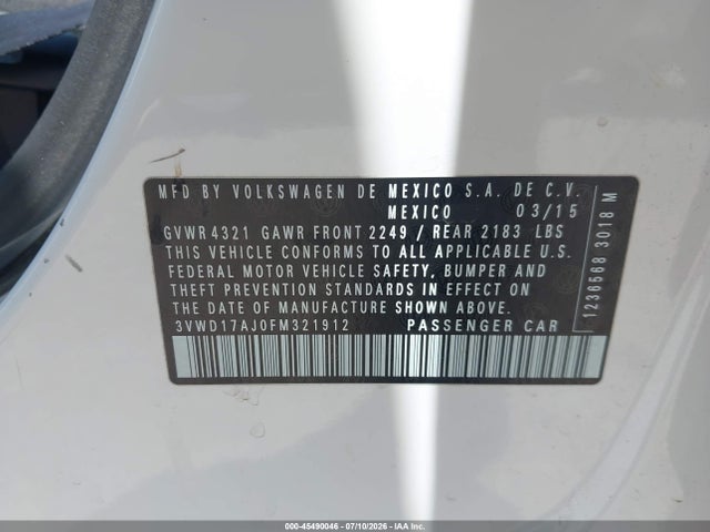 45490046 :رقم المزاد ، 3VWD17AJ0FM321912 vin ، 2015 Volkswagen Jetta 1.8t Se مزاد بيع