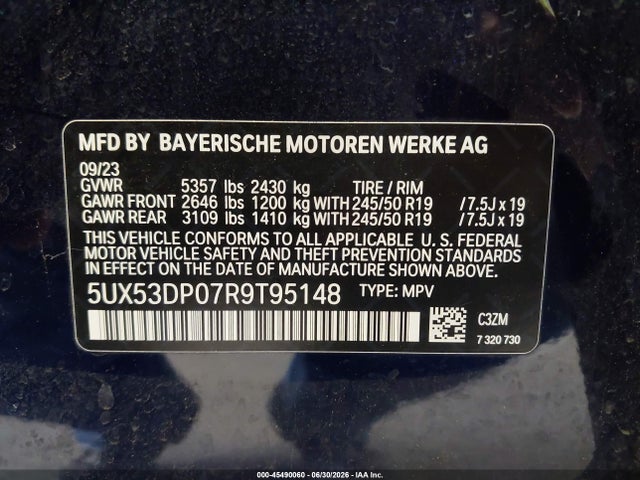 45490060 :رقم المزاد ، 5UX53DP07R9T95148 vin ، 2024 Bmw X3 Xdrive30i مزاد بيع