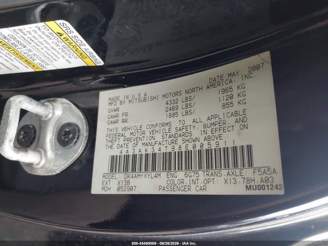 Aukcja sprzedaży 2008 Mitsubishi Eclipse Gt, vin: 4A3AK34T98E005911, numer aukcji: 45490069