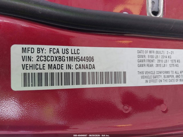 Продажа на аукционе авто 2021 Dodge Charger Sxt Rwd, vin: 2C3CDXBG1MH544906, номер лота: 45490087