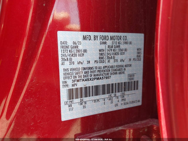 2023 Ford Mustang Mach-e Gt მანქანა იყიდება აუქციონზე, vin: 3FMTK4SX2PMA57957, აუქციონის ნომერი: 45490088