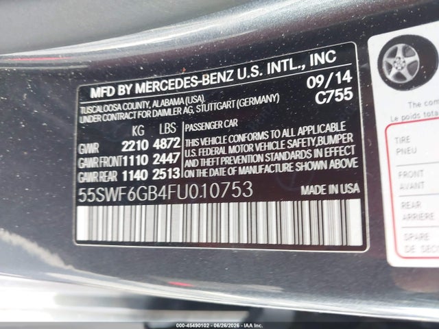 Aukcja sprzedaży 2015 Mercedes-benz C 400 4matic, vin: 55SWF6GB4FU010753, numer aukcji: 45490102