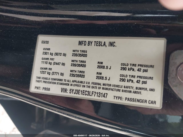 45490117 :رقم المزاد ، 5YJ3E1EC3LF713147 vin ، 2020 Tesla Model 3 Performance Dual Motor All-wheel Drive مزاد بيع