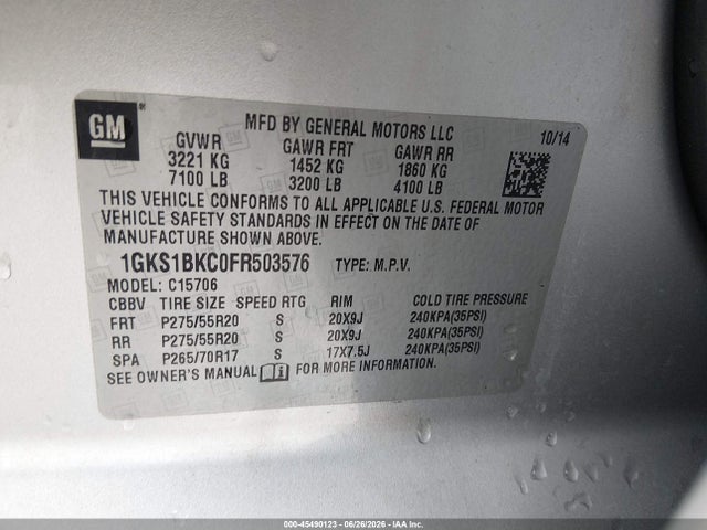Продажа на аукционе авто 2015 Gmc Yukon Slt, vin: 1GKS1BKC0FR503576, номер лота: 45490123