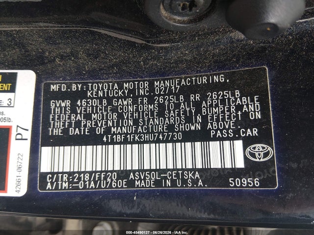 Aukcja sprzedaży 2017 Toyota Camry Se, vin: 4T1BF1FK3HU747730, numer aukcji: 45490127