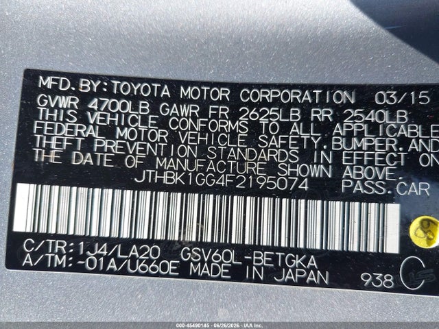 45490145 :رقم المزاد ، JTHBK1GG4F2195074 vin ، 2015 Lexus Es 350 مزاد بيع