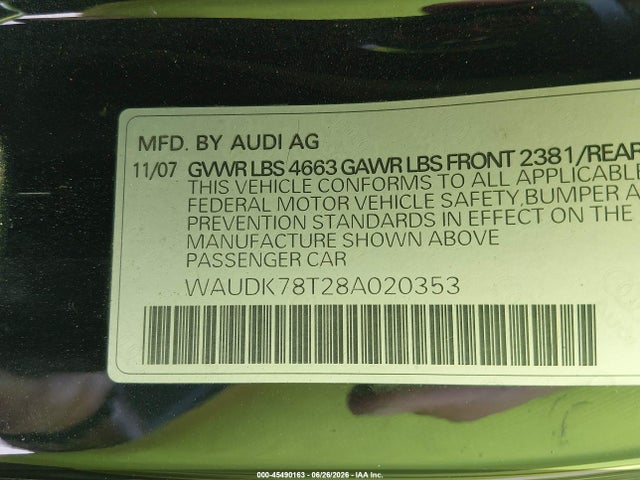 Продаж на аукціоні авто 2008 Audi A5 3.2l, vin: WAUDK78T28A020353, номер лоту: 45490163