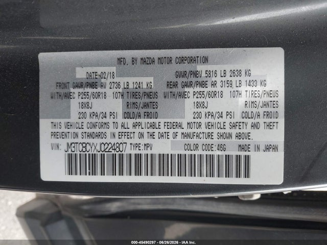 Aukcja sprzedaży 2018 Mazda Cx-9 Touring, vin: JM3TCBCYXJ0224807, numer aukcji: 45490297