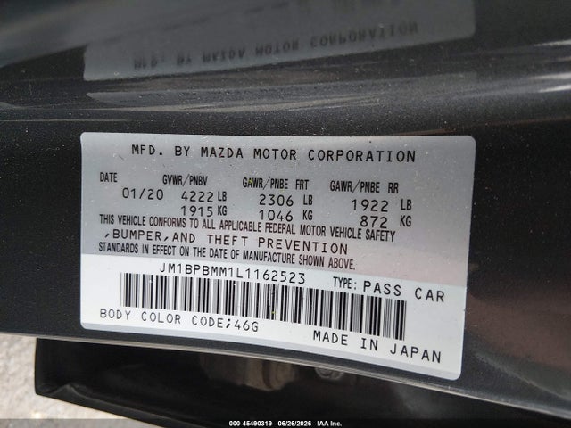 45490319 :رقم المزاد ، JM1BPBMM1L1162523 vin ، 2020 Mazda Mazda3 Preferred Package مزاد بيع