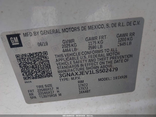 Продаж на аукціоні авто 2020 Chevrolet Equinox Fwd 2fl, vin: 3GNAXJEV1LS502479, номер лоту: 45490320