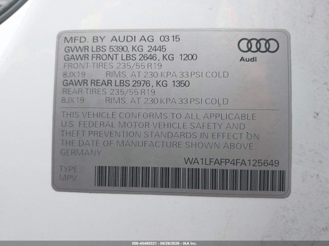 2015 Audi Q5 2.0t Premium მანქანა იყიდება აუქციონზე, vin: WA1LFAFP4FA125649, აუქციონის ნომერი: 45490321