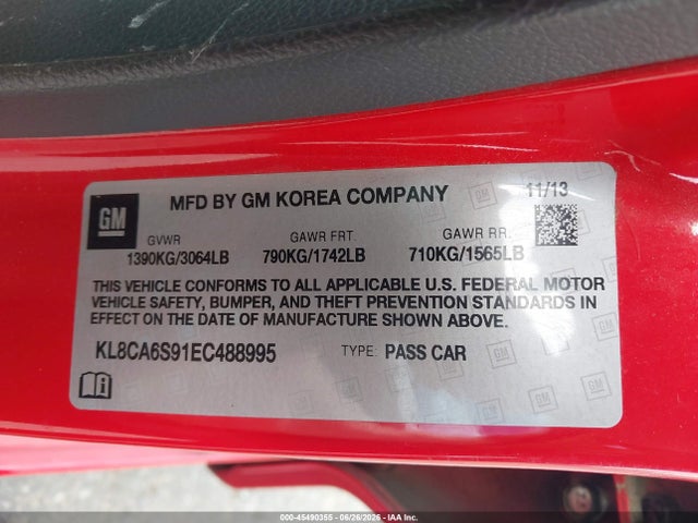 2014 Chevrolet Spark Ls Manual მანქანა იყიდება აუქციონზე, vin: KL8CA6S91EC488995, აუქციონის ნომერი: 45490355