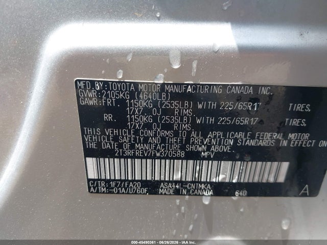 45490361 :رقم المزاد ، 2T3RFREV7FW370588 vin ، 2015 Toyota Rav4 Xle مزاد بيع