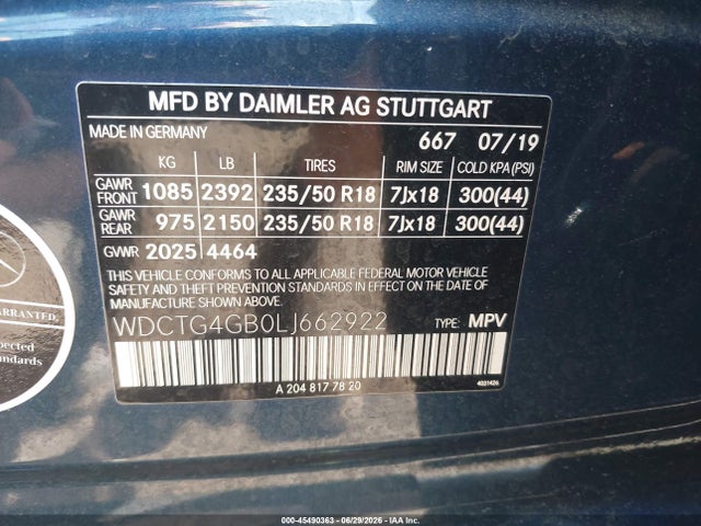 2020 Mercedes-benz Gla 250 4matic მანქანა იყიდება აუქციონზე, vin: WDCTG4GB0LJ662922, აუქციონის ნომერი: 45490363