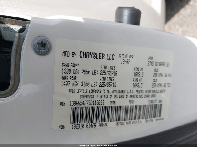 45490365 :رقم المزاد ، 1D8HN54P78B116693 vin ، 2008 Dodge Grand Caravan Sxt مزاد بيع