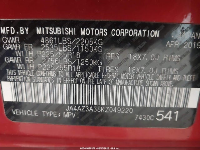 2019 Mitsubishi Outlander Se მანქანა იყიდება აუქციონზე, vin: JA4AZ3A38KZ049220, აუქციონის ნომერი: 45490376