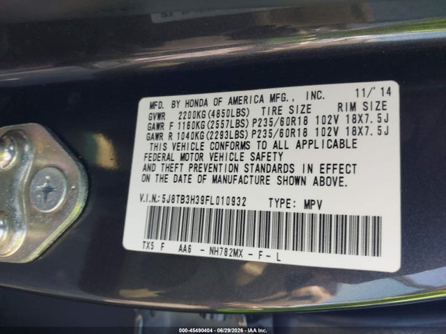 2015 Acura Rdx მანქანა იყიდება აუქციონზე, vin: 5J8TB3H39FL010932, აუქციონის ნომერი: 45490404