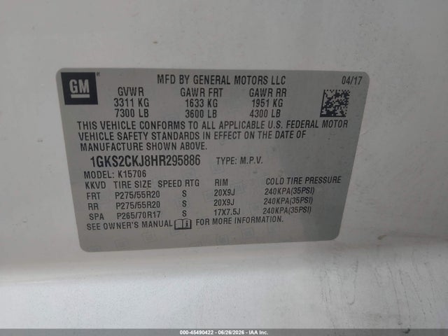 Aukcja sprzedaży 2017 Gmc Yukon Denali, vin: 1GKS2CKJ8HR295886, numer aukcji: 45490422