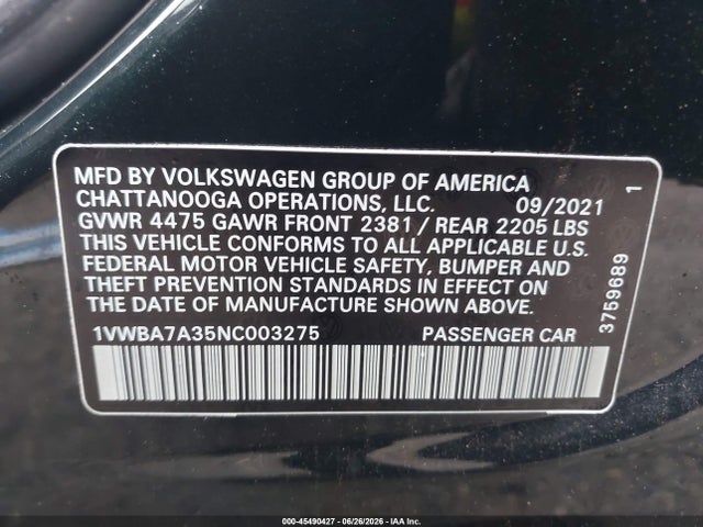 1VWBA7A35NC003275 Volkswagen Passat 2.0t Limited Edition