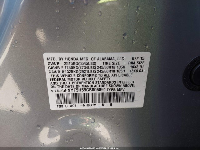 Продажа на аукционе авто 2016 Honda Pilot Ex-l, vin: 5FNYF5H59GB006891, номер лота: 45490435