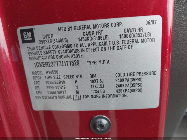 Auction sale of the 2007 Gmc Acadia Slt, vin: 1GKER23777J171529, lot number: 45490459