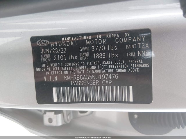 Aukcja sprzedaży 2022 Hyundai Venue Se, vin: KMHRB8A35NU197476, numer aukcji: 45490475