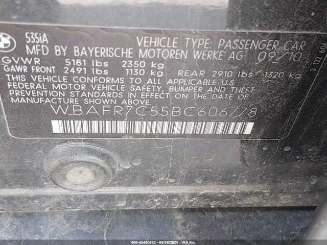 45490492 :رقم المزاد ، WBAFR7C55BC606778 vin ، 2011 Bmw 535i مزاد بيع
