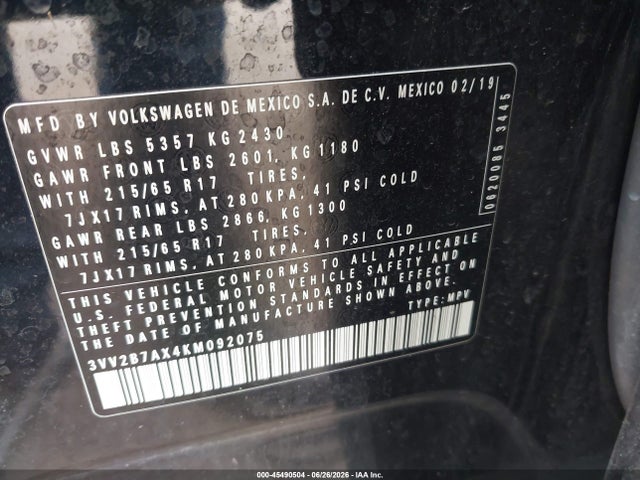 3VV2B7AX4KM092075 Volkswagen Tiguan 2.0t Se/2.0t Sel/2.0t Sel R-line/2.0t Sel R-line Black