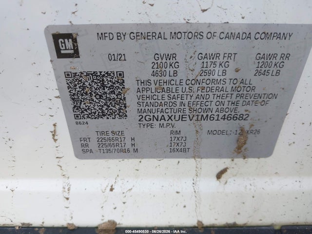 Aukcja sprzedaży 2021 Chevrolet Equinox Awd Lt, vin: 2GNAXUEV1M6146682, numer aukcji: 45490530