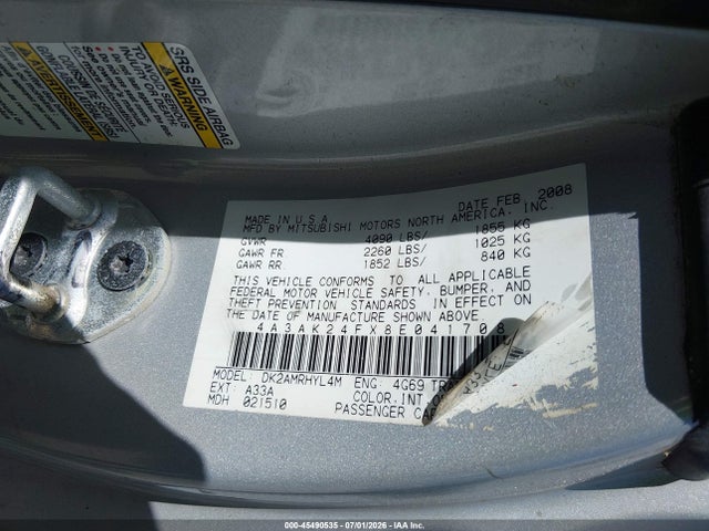 45490535 :رقم المزاد ، 4A3AK24FX8E041708 vin ، 2008 Mitsubishi Eclipse Gs مزاد بيع