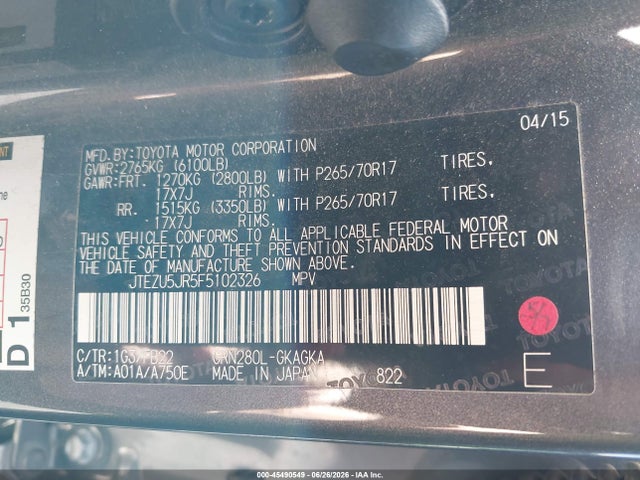 Toyota 4RUNNER SR5 2015 JTEZU5JR5F5102326 Image 9