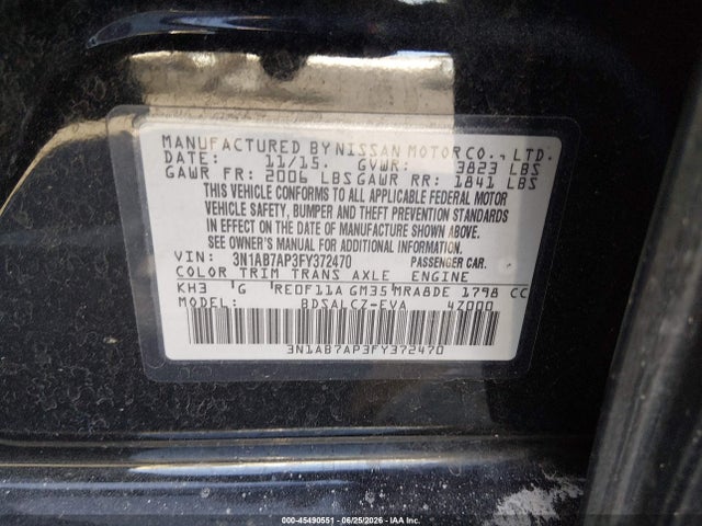 Aukcja sprzedaży 2015 Nissan Sentra S, vin: 3N1AB7AP3FY372470, numer aukcji: 45490551
