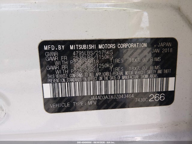 45490588 :رقم المزاد ، JA4AD3A3XJZ043464 vin ، 2018 Mitsubishi Outlander Sel مزاد بيع